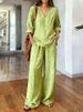 Women's Casual Cotton Pants Set V Neck Pullover Long Sleeve Top Multiple Colors Washed Effect Clothing_ecoleips.com