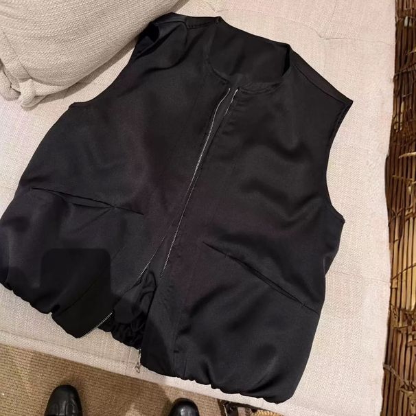 Minimalist Satin Round-neck Vest For Women, Fashionable And Versatile, Slimming, Sleeveless Outerwear, New Chinese Style_ecoleips.com