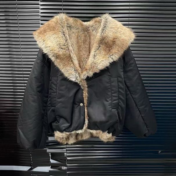 girl 2025 Autumn Winter New Large Fur Collar Plush Warm Thick Loose Fit Padded Cotton Jacket For Women_ecoleips.com
