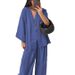 Women's V-Neck Flowy Top & Wide Leg Pants Set – Breathable Loose Fit Outfit For Casual And Chic Style_ecoleips.com