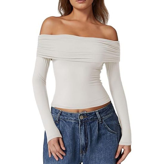 Cross-border European And American Clothing Tops, T-shirts, Off-shoulder Pure Desire Long-sleeve Milk Silk Base Shirt,_ecoleips.com