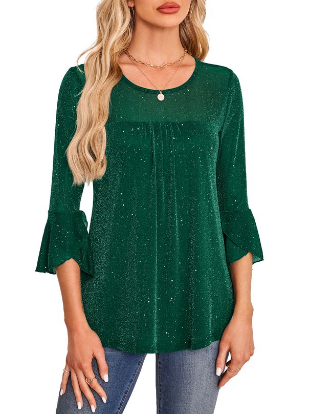 Women's Clothing Summer Hot Selling Three Quarter Sleeve Shirt Pleated Trumpet Sleeve Round Neck Mesh Top_ecoleips.com