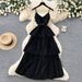 Red Spaghetti Strap Pleated Dress Women's Summer French Resort Style Fitted Waist Ruffled Hem Long Dress_ecoleips.com