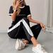 Summer 2026 Women's Casual Sporty Two Piece Set Short Sleeved Top And Full Length Pants with Letter Print Polyester_ecoleips.com
