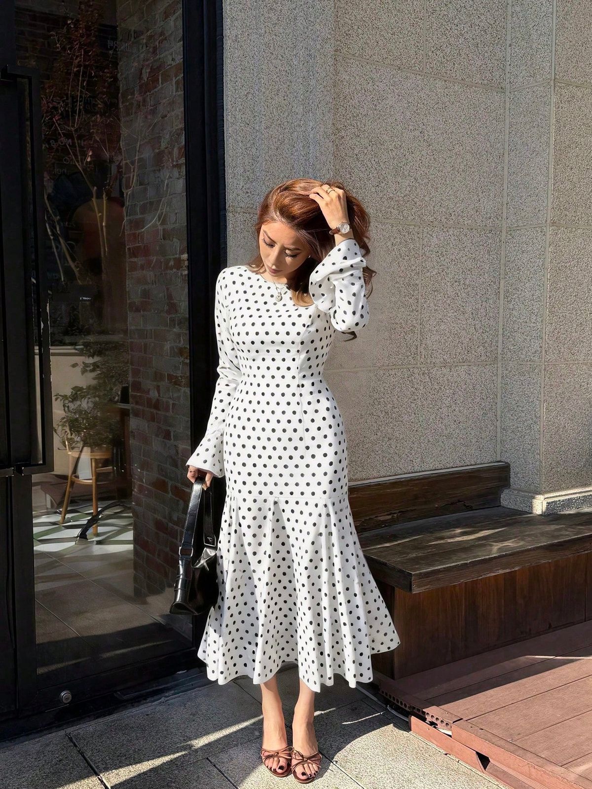Elegant Women's Long Sleeve Coffee Dress with Ruffle Skirt Polka Dot Slim Waist round Neck Spring Summer Style 2026 Cross Border_ecoleips.com