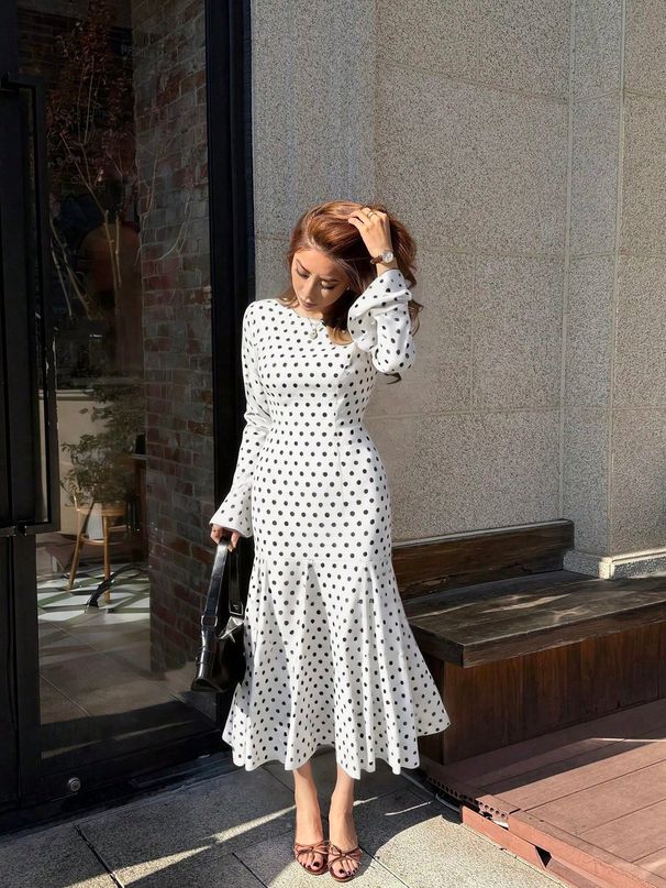 Elegant Women's Long Sleeve Coffee Dress with Ruffle Skirt Polka Dot Slim Waist round Neck Spring Summer Style 2026 Cross Border_ecoleips.com
