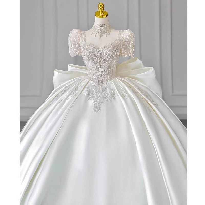 Satin Wedding Dress Square Neck Long Train Perfect for Brides Travel Photography Court Style And Going out New Spring 2025_ecoleips.com