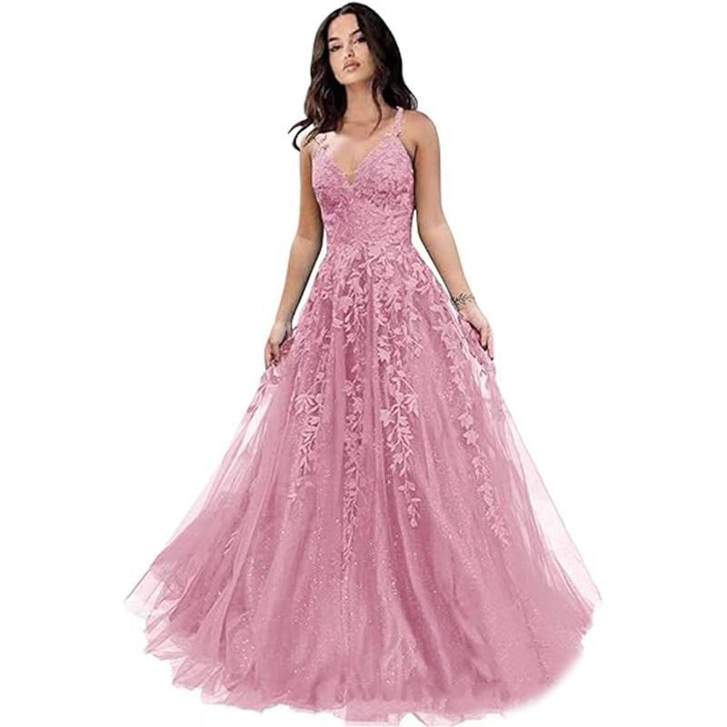 Ethereal Chiffon Ball Gown – Long A-Line Dress With Delicate Lace Appliqués & Spaghetti Straps (XS-3XL, 13 Colors)_ecoleips.com
