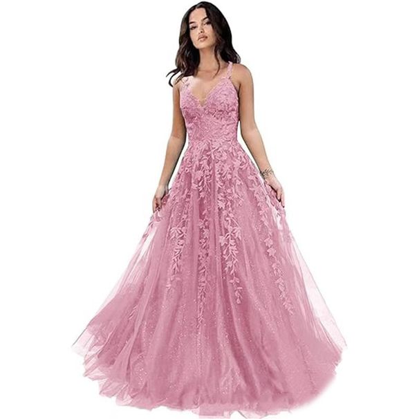 Ethereal Chiffon Ball Gown – Long A-Line Dress With Delicate Lace Appliqués & Spaghetti Straps (XS-3XL, 13 Colors)_ecoleips.com