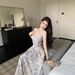 Women's French Style Floral Strap Long Dress, High-End Feel, Slimming Belly Covering Dress For Plus Size Women_ecoleips.com