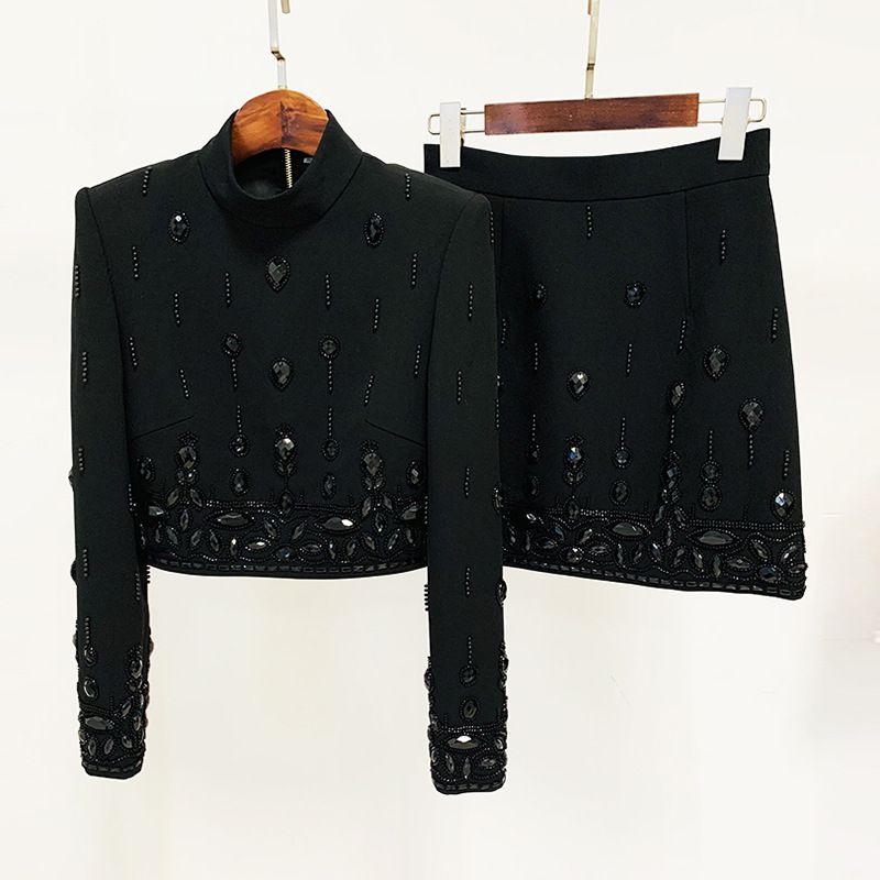 Women's Clothing Fashion Romantic New Heavy Beaded Diamond Short Top Skirt Suit Two Piece Suit_ecoleips.com