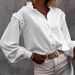 Women's Clothing Women's Lantern Sleeve Solid Color Long Sleeve Shirt - Casual Office Blouse With Button Down Collar & Polyester-Spandex Blend_ecoleips.com