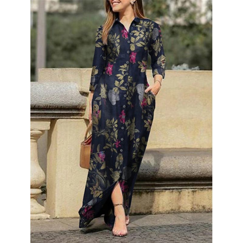 Women's Casual Long Dress Printed Lapel Button Detail Style Fashion Wish_ecoleips.com