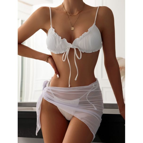 's New Women's Swimsuit Is A Solid Color Halter-neck Tie Bikini Three-piece Set, High-waisted Mesh Two-piece_ecoleips.com
