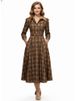 Freeacy Women's Brown Plaid Turn-Down Collar High Waist Long Sleeve Flared Midi Dress 2026 Spring Fashion Retro Party Dresses_ecoleips.com