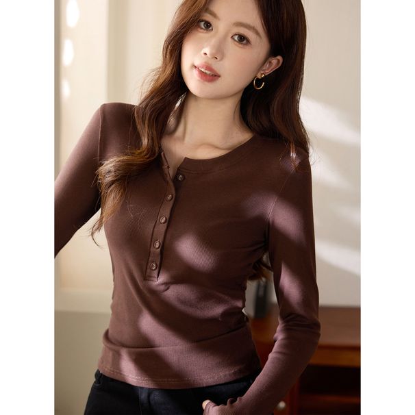 2025 #Craftsmanship Selection # Waist Fold Maillard Chic Bag Cloth Button Long Sleeve T-Shirt For Women's Temperament Pure_ecoleips.com