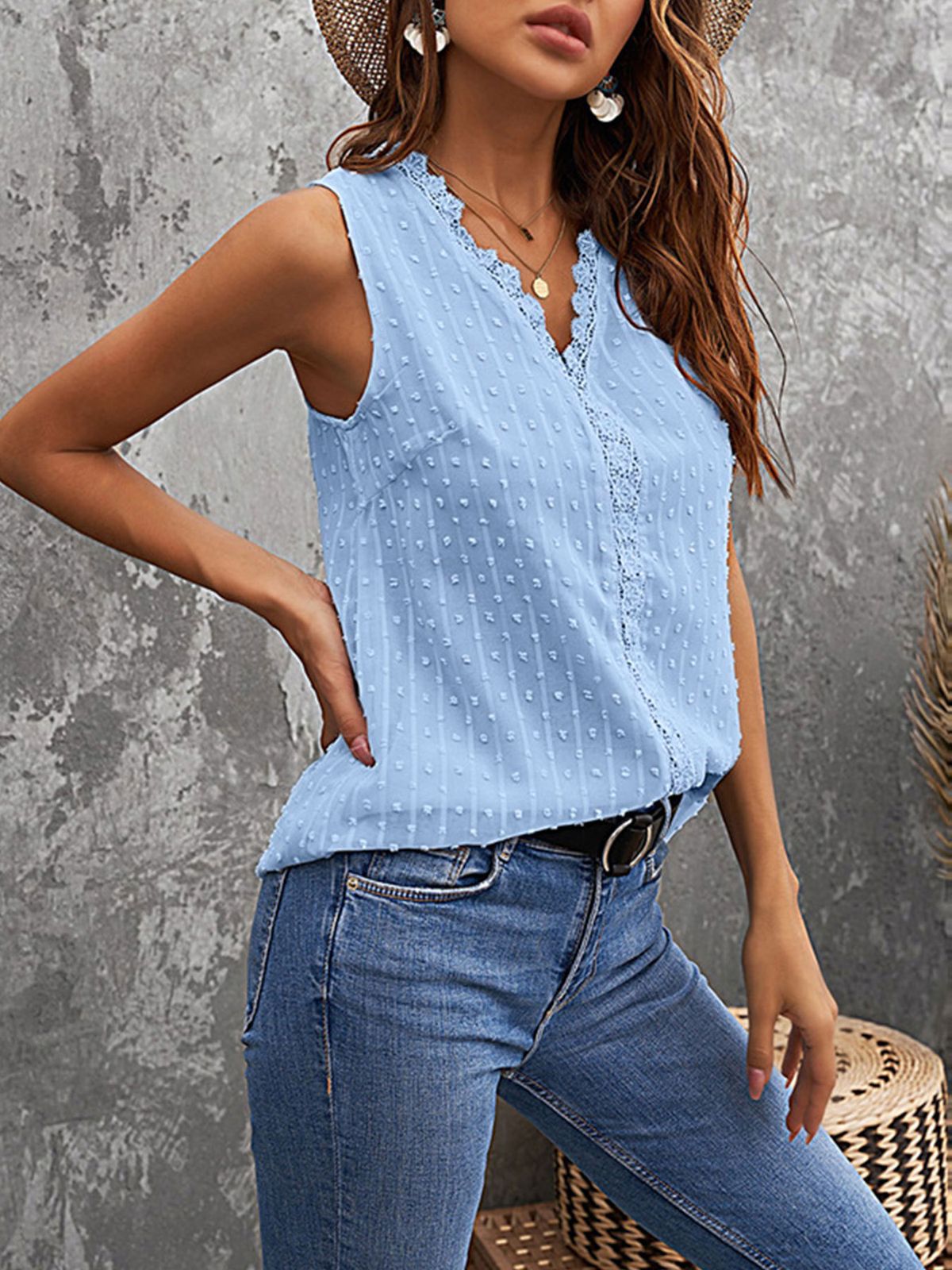 French-Inspired V-Neck Chiffon Blouse – Sleeveless Lace Trim & Polka Dot Summer Top (S-XXL, Euro/US Fit)_ecoleips.com