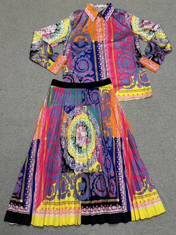 Women's Clothing Geometric Print Lapel Shirt Two Piece Suit Elastic Waist Pleated Skirt Suit_ecoleips.com