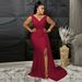 Women's Clothing Wine Red Sleeveless V Neck Slit Sexy And Elegant Women's Evening Dress_ecoleips.com