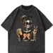 Skull Print Loose Short Sleeve T-Shirt Rock American Dark Retro Washed_ecoleips.com