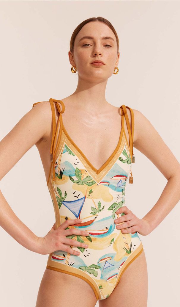 European And American Style One Piece Swimsuit for Women Double Sided Tight Fitting Slimming Retro Style Tie up Print Export Design 2025_ecoleips.com