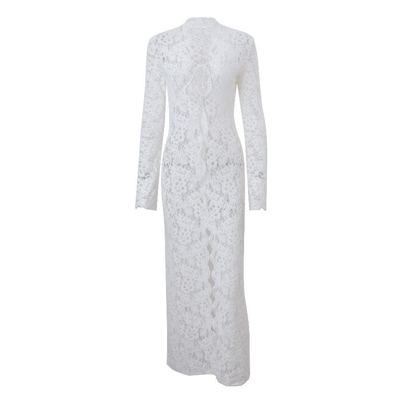 Spring/Summer Sexy Lace Hollow out Deep V Neck Tie up Slit Slim Long Sleeve Dress for European And American Style Women's New_ecoleips.com