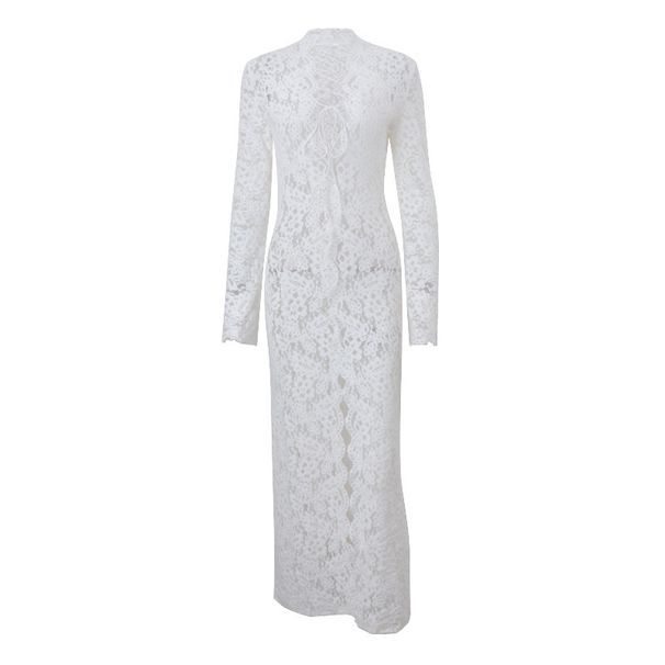 Spring/Summer Sexy Lace Hollow out Deep V Neck Tie up Slit Slim Long Sleeve Dress for European And American Style Women's New_ecoleips.com