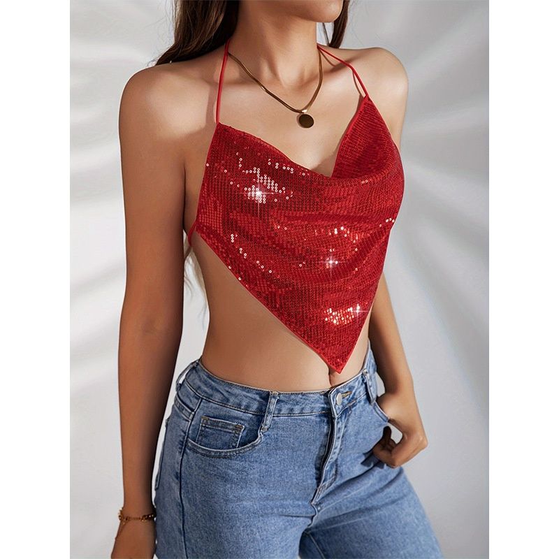 Cross-border Foreign Trade Women's Clothing Sexy Sequin Camisole Backless Lace-up Halter Top For Women Summer In_ecoleips.com