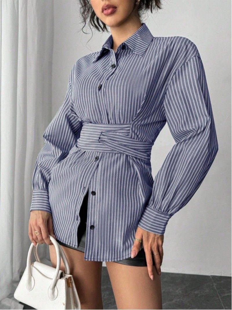 Women's Slimming Long Sleeved Shirt Autumn Striped Fashion Irregular Waist Belt Versatile Clothing Top_ecoleips.com