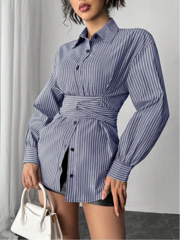 Women's Slimming Long Sleeved Shirt Autumn Striped Fashion Irregular Waist Belt Versatile Clothing Top_ecoleips.com