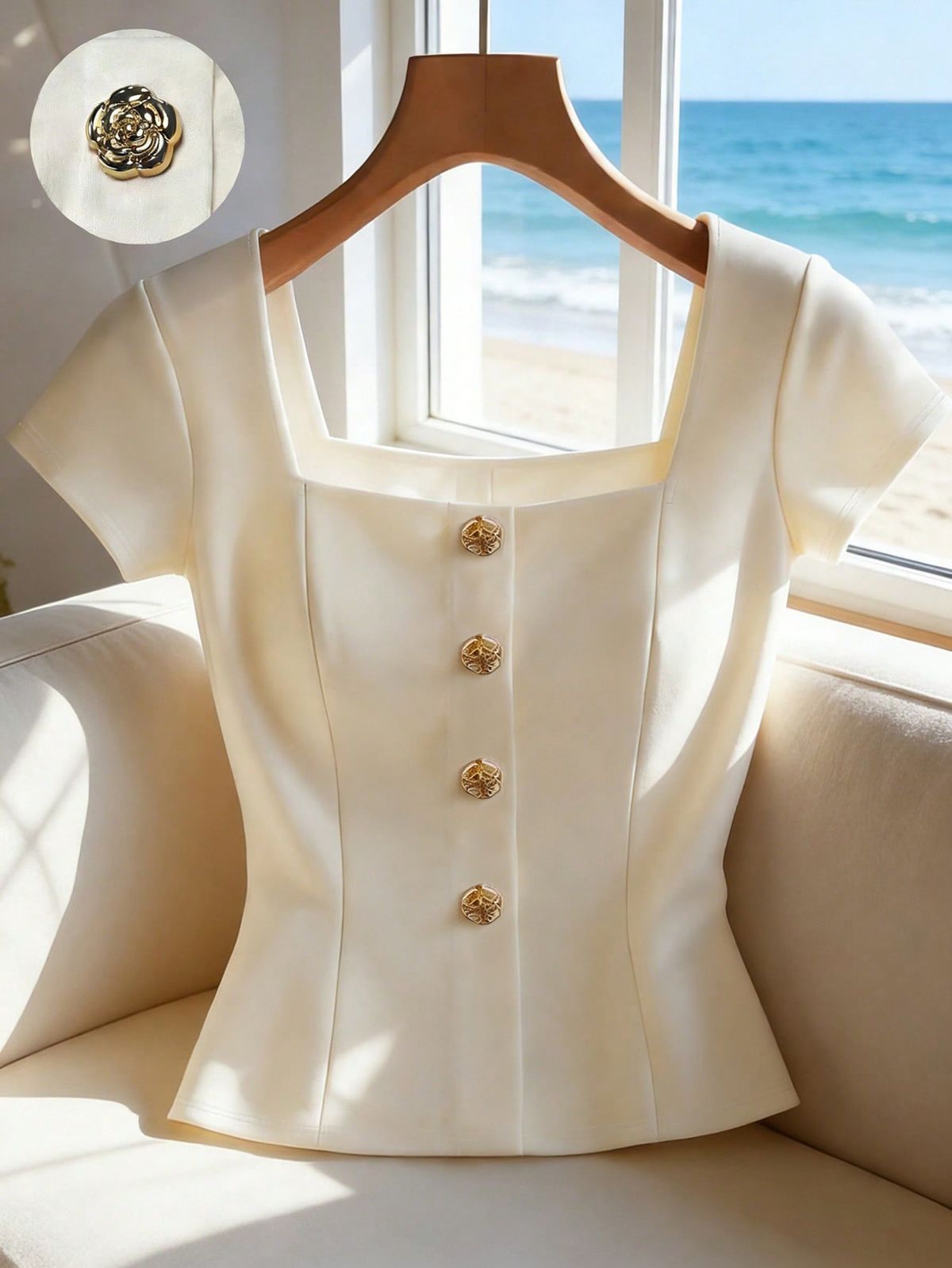 Women's Square Neck Short Sleeve Shirt - Elegant Office Blouse With Button Detail For Summer_ecoleips.com
