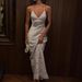 Elegant Lace Patchwork Slip Dress For Women American Style Niche Fashion French V Neck Slim Satin Gown_ecoleips.com