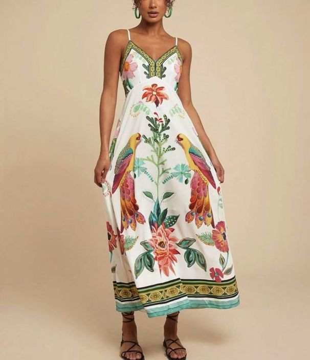 Women's Clothing Summer New V Neck Printed Casual Fashion Sling Bohemian Holiday Dress_ecoleips.com