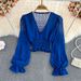 French V Neck Crossover Slim Fit Chiffon Blouse Women's Polka Dot Puff Sleeve Casual Top Waist Cinching Short Style Spring Autumn_ecoleips.com