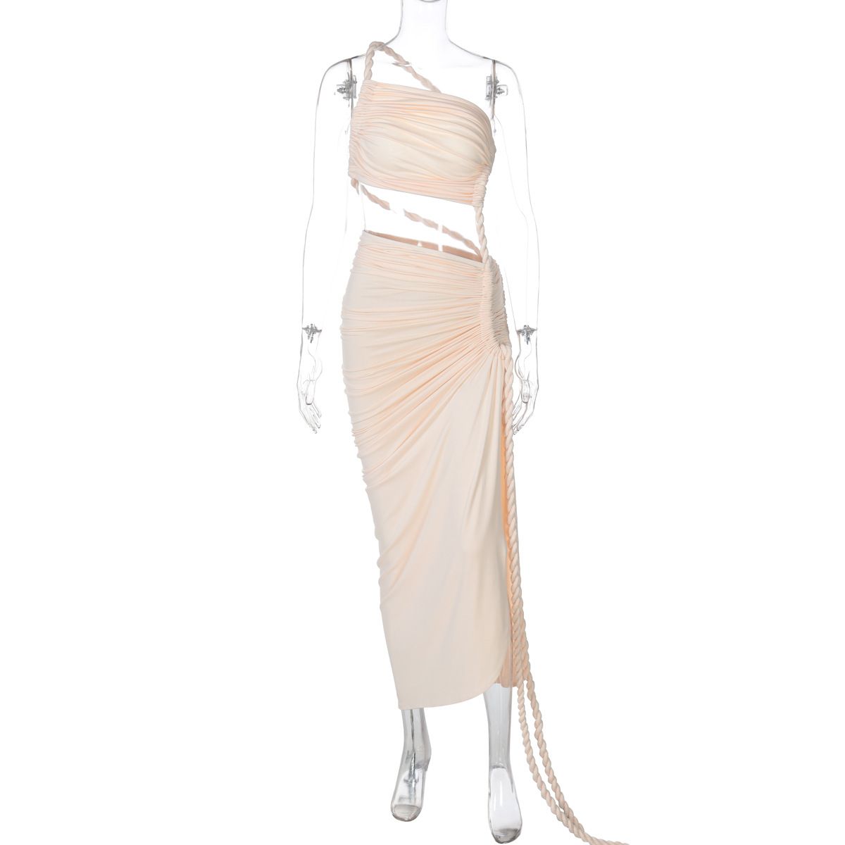 Women's 2025 Spring Summer New Fashion Single Shoulder Strapless Backless Hollow Out Tie Ruched Dress Wholesale_ecoleips.com