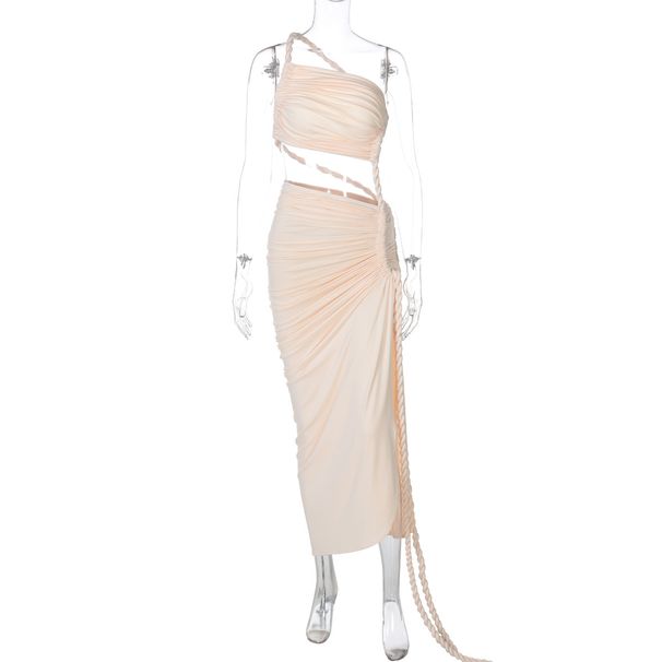 Women's 2025 Spring Summer New Fashion Single Shoulder Strapless Backless Hollow Out Tie Ruched Dress Wholesale_ecoleips.com