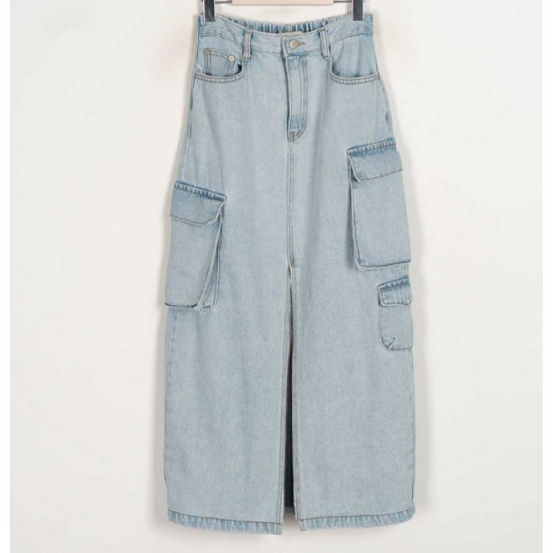 Korean Fashion Street Style Versatile A-line Washed High Waist Multi-pocket Back Elastic Front Slit Denim Skirt_ecoleips.com