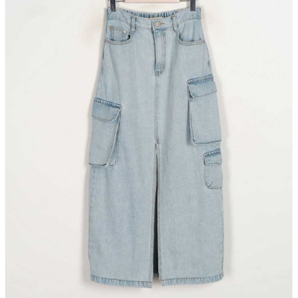 Korean Fashion Street Style Versatile A-line Washed High Waist Multi-pocket Back Elastic Front Slit Denim Skirt_ecoleips.com