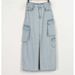 Korean Fashion Street Style Versatile A-line Washed High Waist Multi-pocket Back Elastic Front Slit Denim Skirt_ecoleips.com