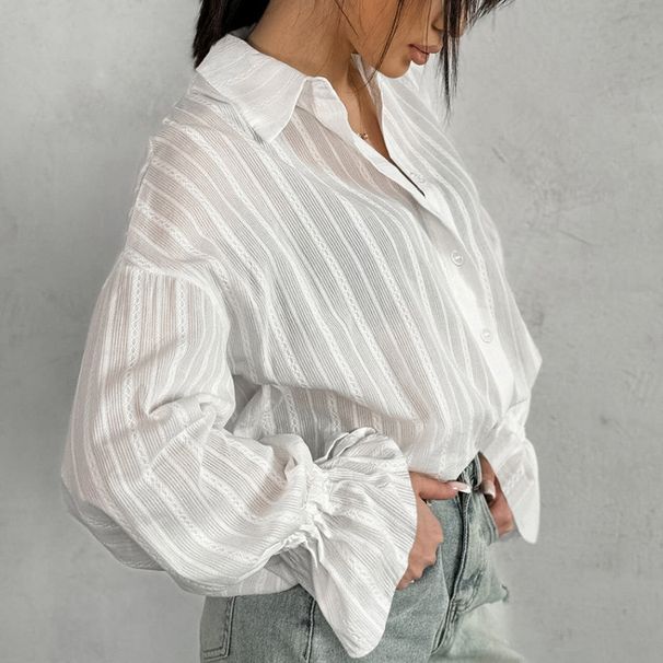 Pure Cotton Design Jacquard Tie-Neck Flared Sleeves Women's Shirt Summer And Autumn Niche Top Commuting_ecoleips.com