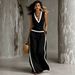 Women's Casual V Neck Color Block Cotton Linen Top with Wide Leg Pants Set Independent Store New Arrivals Summer Wear_ecoleips.com