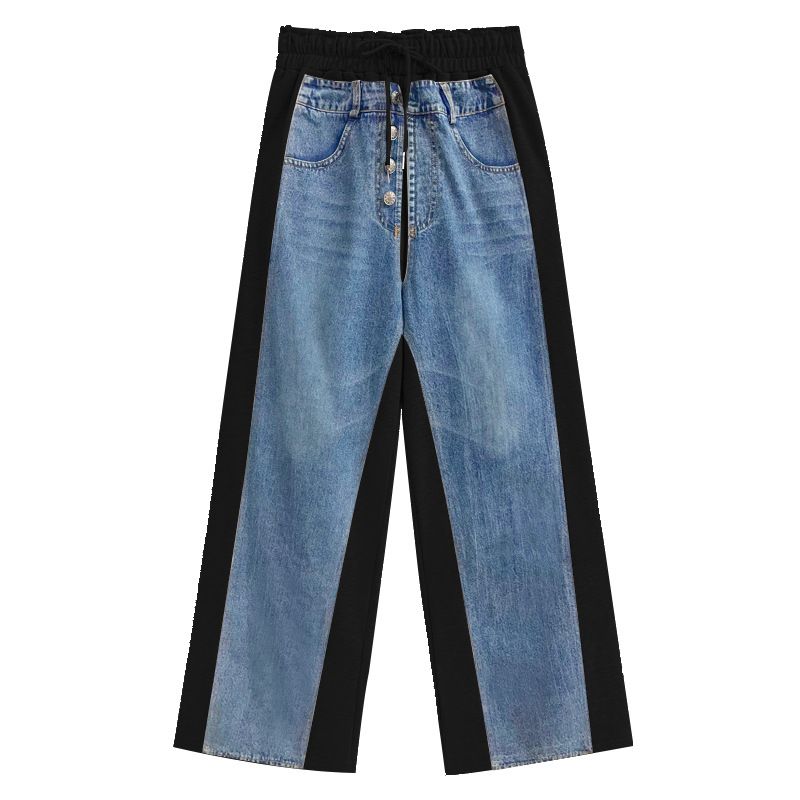 Women's Clothing Temperament Denim Contrast Color Stitching High Waist Wide Leg Jeans Autumn New Style Fashionable Slim All Match Casual Pants_ecoleips.com