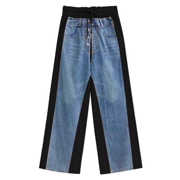 Women's Clothing Temperament Denim Contrast Color Stitching High Waist Wide Leg Jeans Autumn New Style Fashionable Slim All Match Casual Pants_ecoleips.com
