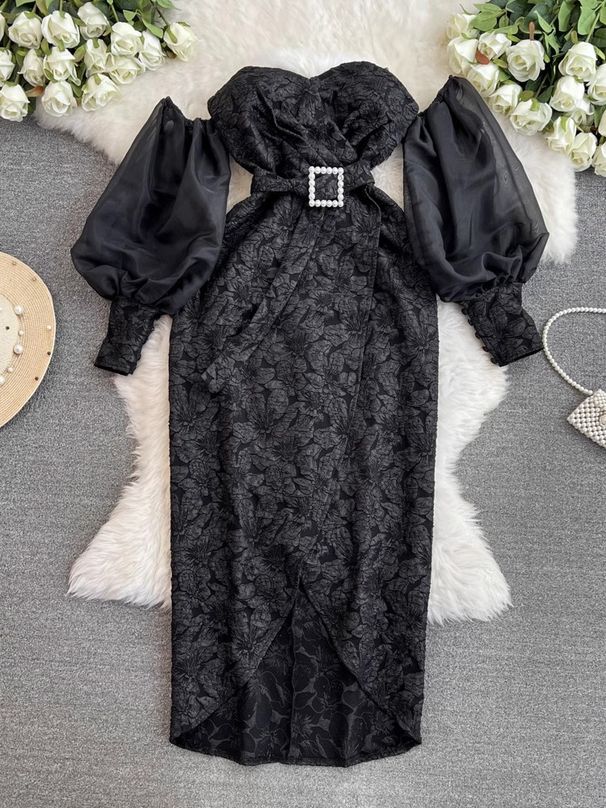Purple Embossed Jacquard Lantern Long Sleeved Dress For Women French Temperament Pearl Button Waist Slimming Mini Dress Long Skirt_ecoleips.com