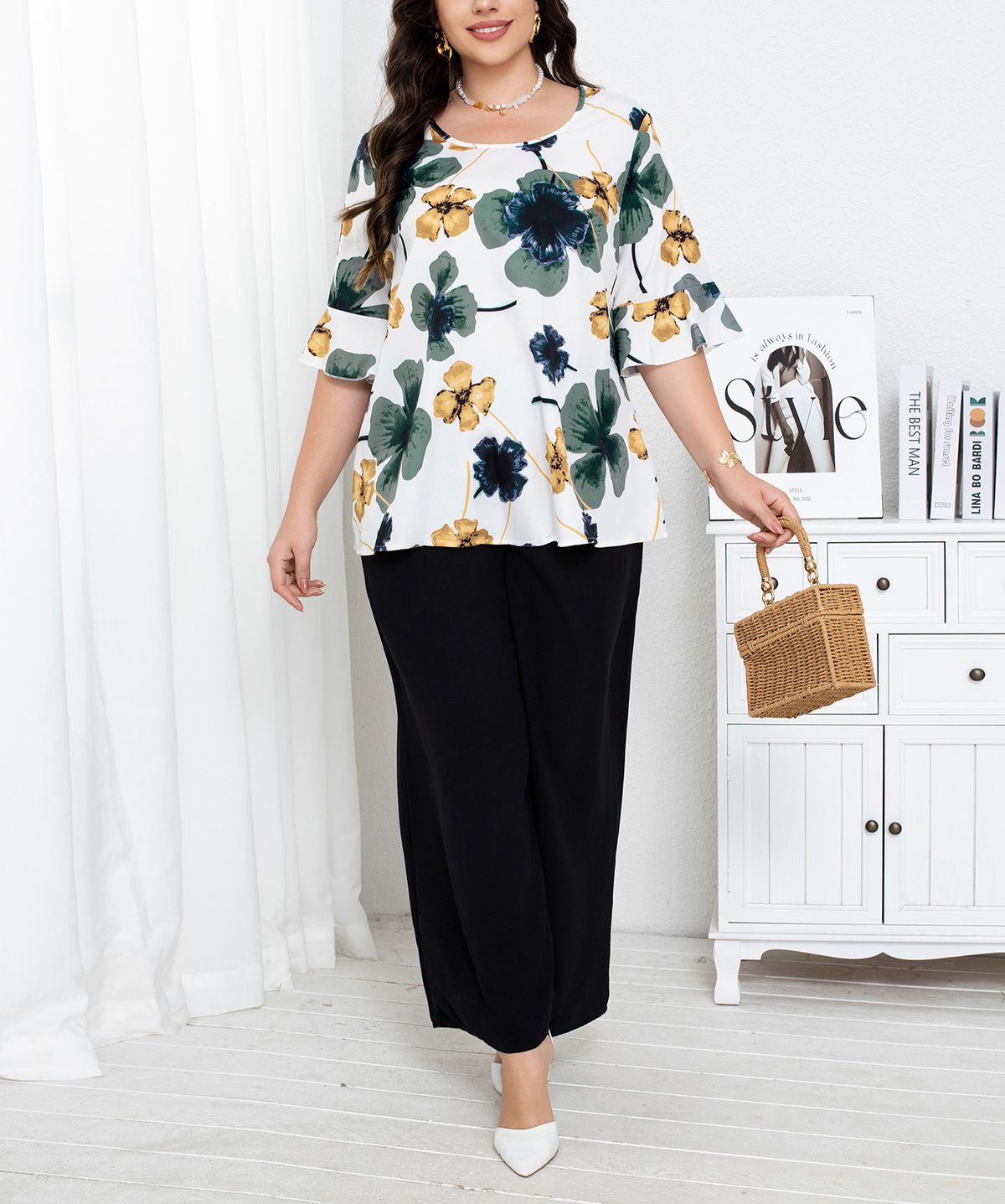 Plus Size Women’s 2-Piece Set – Floral Print Tops & Palazzo Pants, Elegant Office Wear For Mature Ladies (0XL-4XL, Polyester, Wrinkle-Free)_ecoleips.com