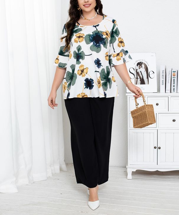 Plus Size Women’s 2-Piece Set – Floral Print Tops & Palazzo Pants, Elegant Office Wear For Mature Ladies (0XL-4XL, Polyester, Wrinkle-Free)_ecoleips.com