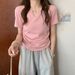 Women's Solid Color T-Shirt V Neck Drawstring Slim Fit Summer New Style Top_ecoleips.com