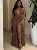 Weird Puss Deep V-Neck Halter Dress Woman Summer Ruffles Splits Backless Elegant Patchwork Solid Party Coquette Sexy Vestidos_ecoleips.com