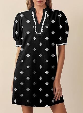 Women's V Neck Lace Patchwork Puff Sleeve Dress with Pocket European And American Style Cross Border Fashion for Amazon_ecoleips.com