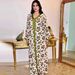 Women's Clothing Green Long Sleeved V Neck Print Dress Lace Trimmed Resort Style Middle Eastern Women's Arabian Clothing Modest Abaya Dress_ecoleips.com